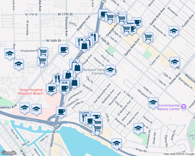 map of restaurants, bars, coffee shops, grocery stores, and more near 439 Catalina Drive in Newport Beach