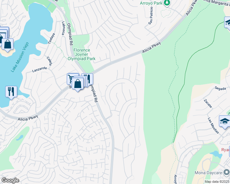 map of restaurants, bars, coffee shops, grocery stores, and more near 23061 Fairfield in Mission Viejo