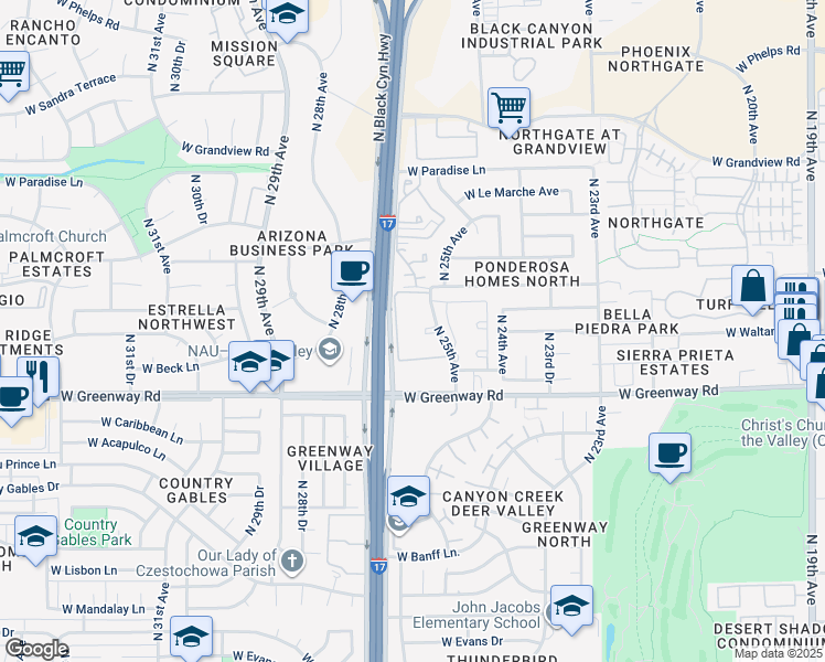 map of restaurants, bars, coffee shops, grocery stores, and more near 15620 North 25th Avenue in Phoenix