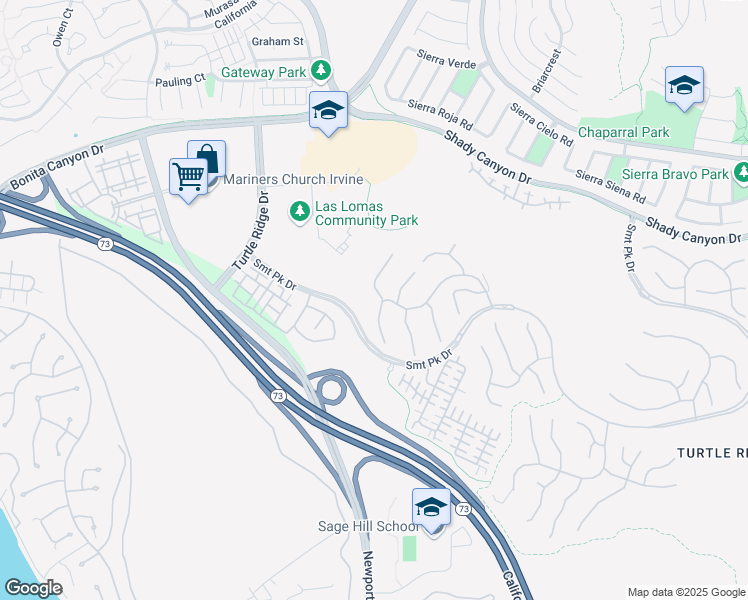 map of restaurants, bars, coffee shops, grocery stores, and more near 41 Shady Lane in Irvine