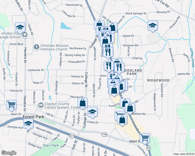 map of restaurants, bars, coffee shops, grocery stores, and more near 957 Astor Avenue in Forest Park