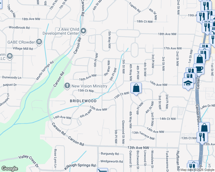 map of restaurants, bars, coffee shops, grocery stores, and more near 528 16th Avenue Northwest in Center Point