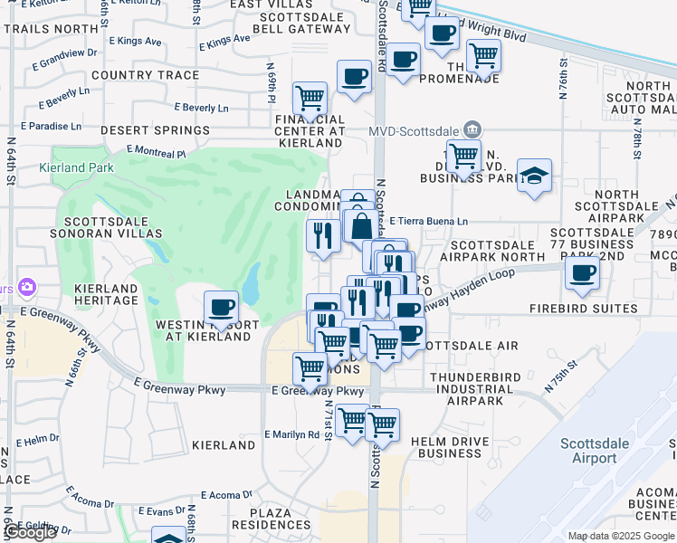 map of restaurants, bars, coffee shops, grocery stores, and more near 7140 East Kierland Boulevard in Scottsdale