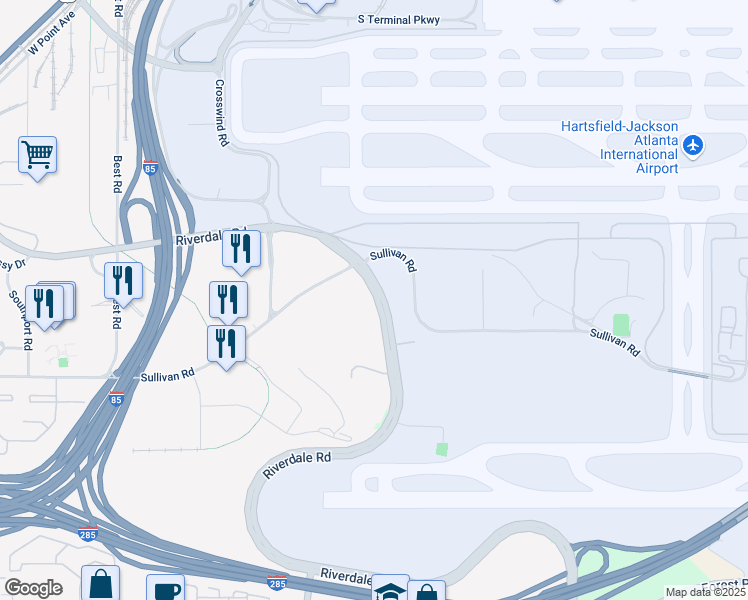 map of restaurants, bars, coffee shops, grocery stores, and more near Riverdale Road in College Park