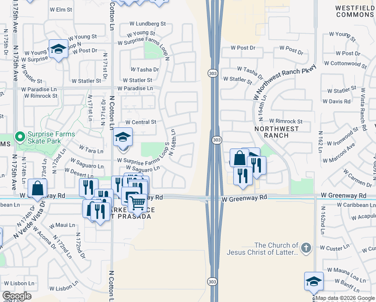 map of restaurants, bars, coffee shops, grocery stores, and more near 16814 West Sharon Drive in Surprise
