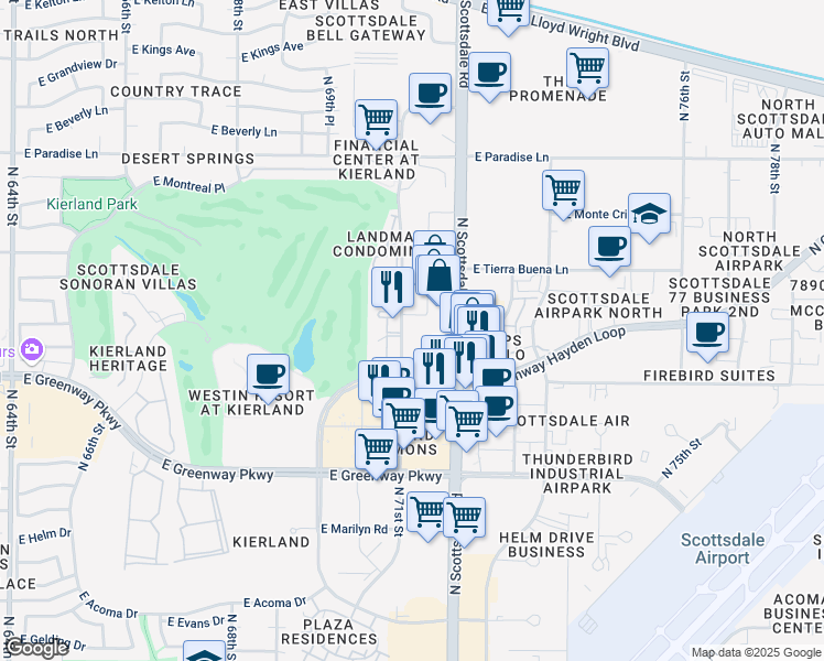 map of restaurants, bars, coffee shops, grocery stores, and more near 7140 East Kierland Boulevard in Scottsdale