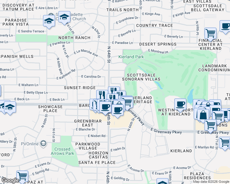 map of restaurants, bars, coffee shops, grocery stores, and more near 6412 East Beck Lane in Scottsdale