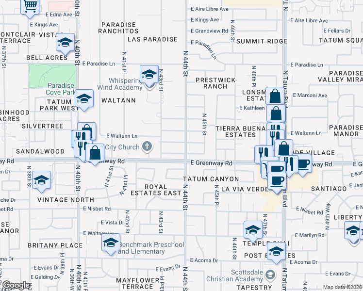 map of restaurants, bars, coffee shops, grocery stores, and more near 4344 East Beck Lane in Phoenix