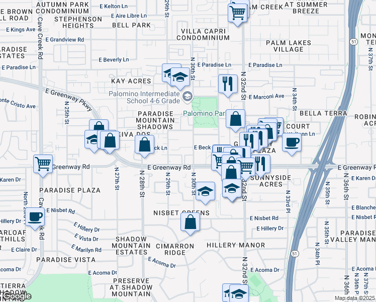 map of restaurants, bars, coffee shops, grocery stores, and more near 2950 East Greenway Road in Phoenix