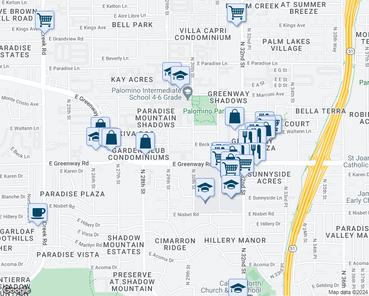 map of restaurants, bars, coffee shops, grocery stores, and more near 2950 East Greenway Road in Phoenix