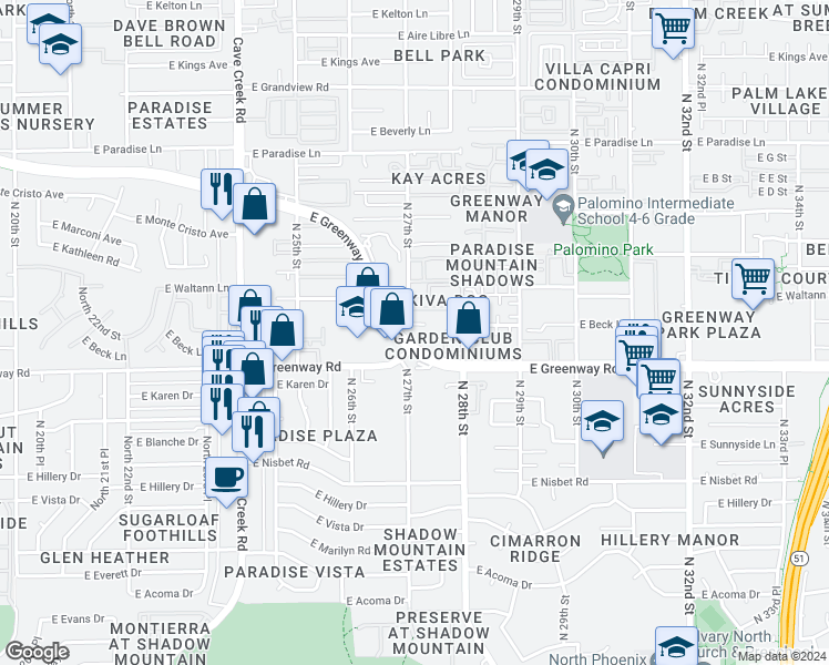 map of restaurants, bars, coffee shops, grocery stores, and more near 101 East Greenway Parkway in Phoenix