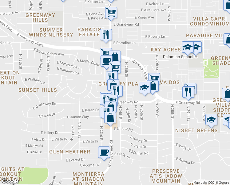 map of restaurants, bars, coffee shops, grocery stores, and more near 15417 North Cave Creek Road in Phoenix