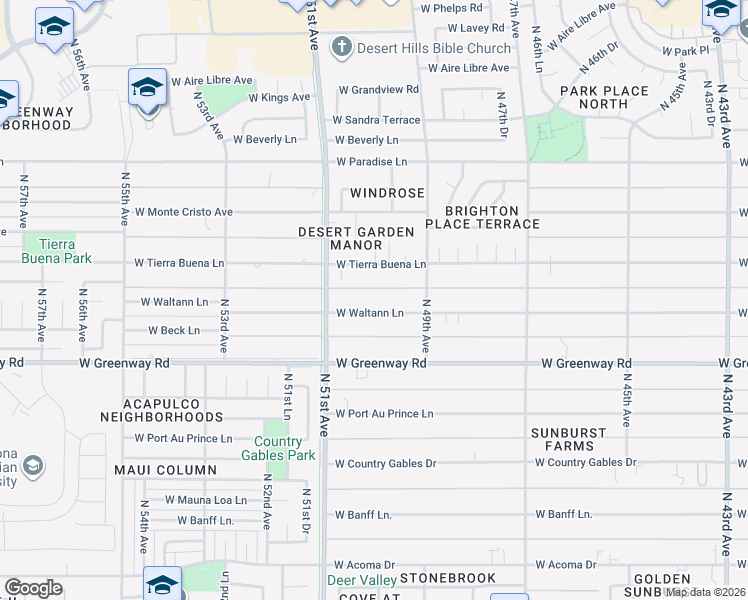 map of restaurants, bars, coffee shops, grocery stores, and more near 5024 West Waltann Lane in Glendale