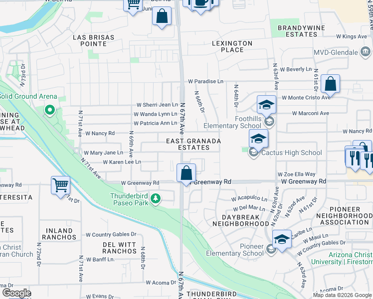 map of restaurants, bars, coffee shops, grocery stores, and more near 6653 West Mary Jane Lane in Glendale