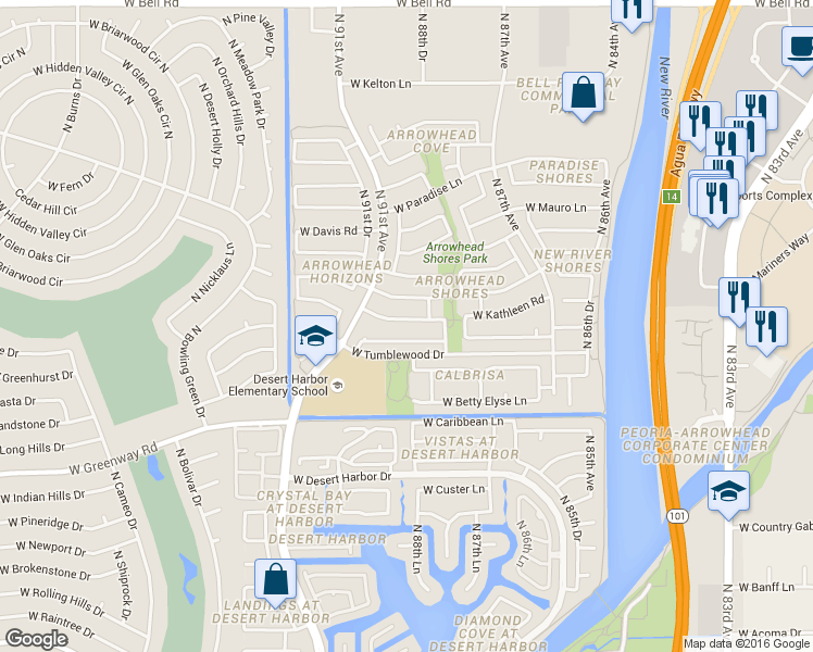 map of restaurants, bars, coffee shops, grocery stores, and more near 8928 West Tierra Buena Lane in Peoria