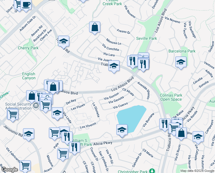 map of restaurants, bars, coffee shops, grocery stores, and more near 26428 Via Damasco in Mission Viejo