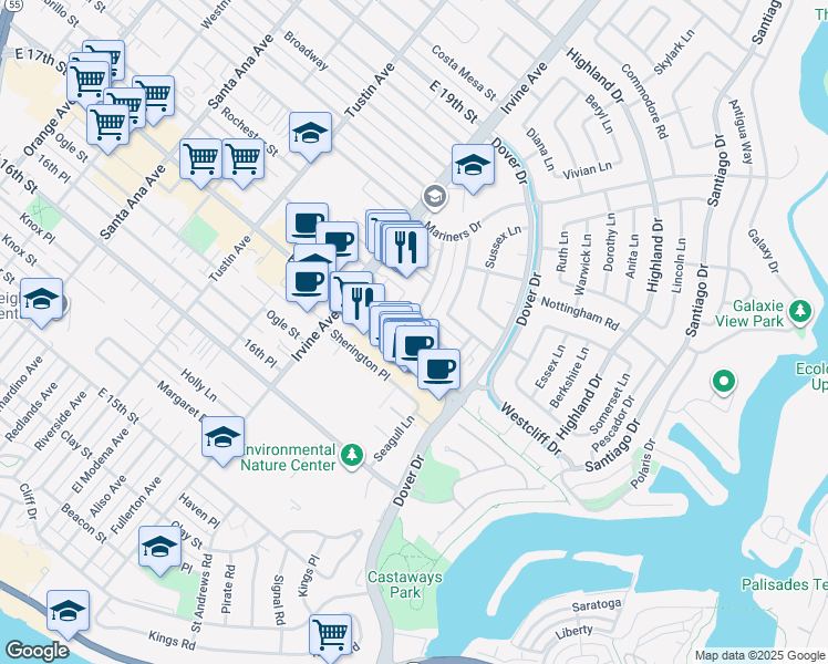 map of restaurants, bars, coffee shops, grocery stores, and more near 1800 Westcliff Drive in Newport Beach