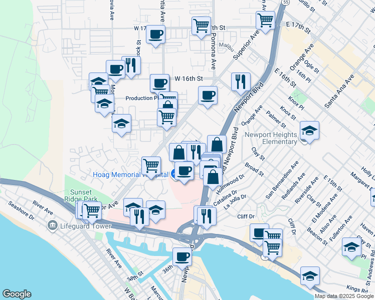 map of restaurants, bars, coffee shops, grocery stores, and more near 407 Flagship Road in Newport Beach