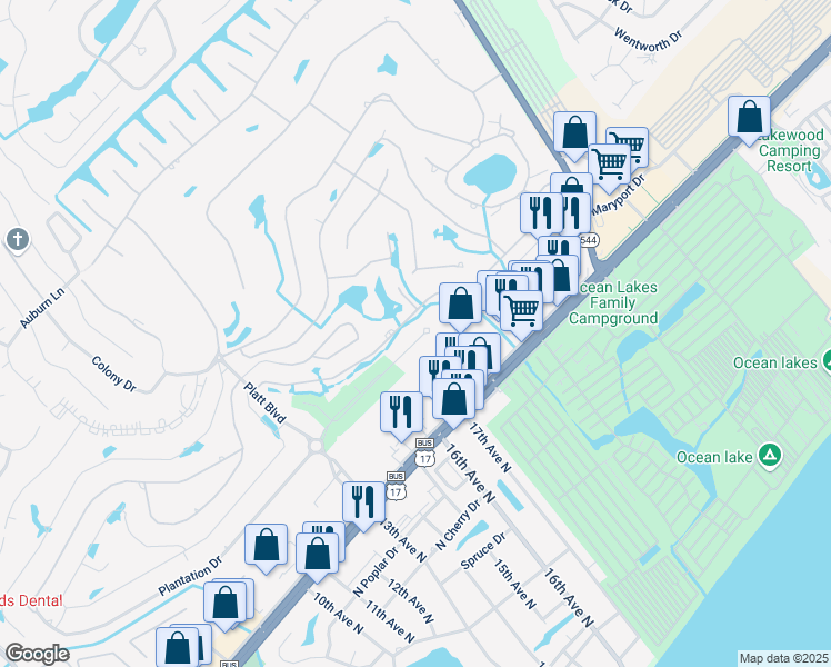 map of restaurants, bars, coffee shops, grocery stores, and more near 1703 Fawn Vista Drive North in Myrtle Beach