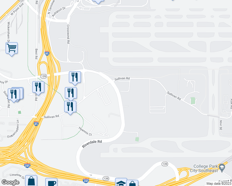 map of restaurants, bars, coffee shops, grocery stores, and more near Riverdale Road in College Park