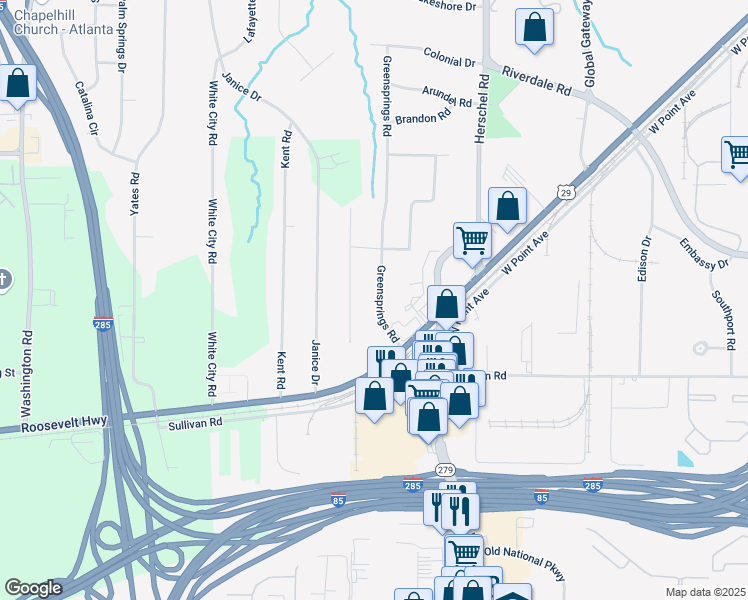 map of restaurants, bars, coffee shops, grocery stores, and more near 4715 Greensprings Road in College Park