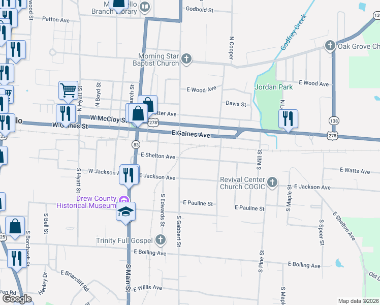 map of restaurants, bars, coffee shops, grocery stores, and more near 317 East Shelton Avenue in Monticello