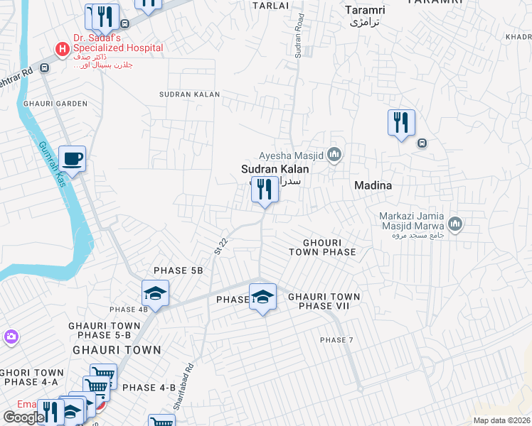 map of restaurants, bars, coffee shops, grocery stores, and more near Sudran Road in Sudran Kalan