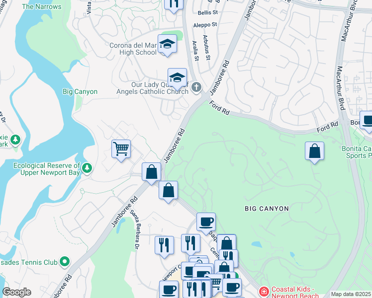 map of restaurants, bars, coffee shops, grocery stores, and more near 10 Rue Grand Ducal in Newport Beach