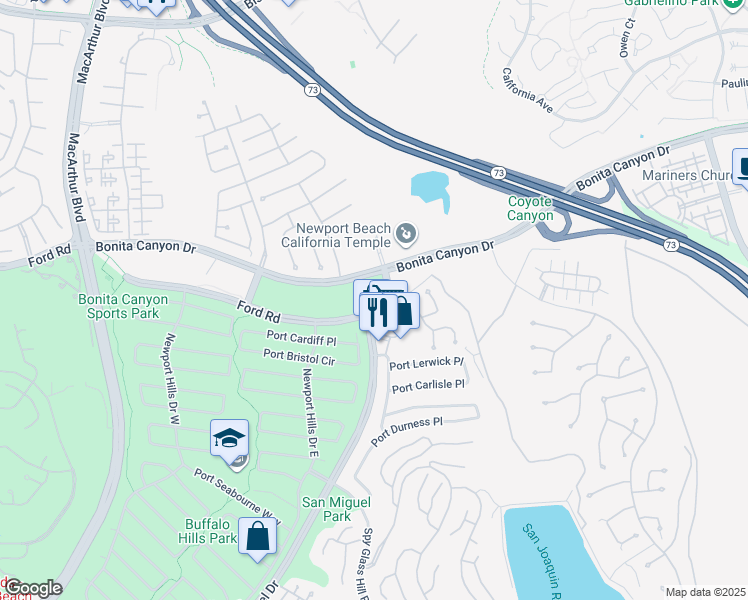 map of restaurants, bars, coffee shops, grocery stores, and more near 1990 Ford Road in Newport Beach