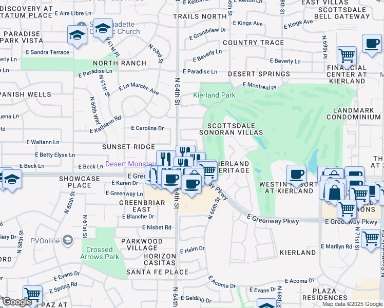 map of restaurants, bars, coffee shops, grocery stores, and more near 6412 East Beck Lane in Scottsdale