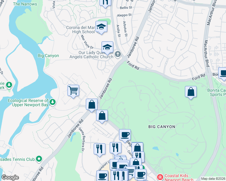 map of restaurants, bars, coffee shops, grocery stores, and more near 10 Rue Grand Ducal in Newport Beach