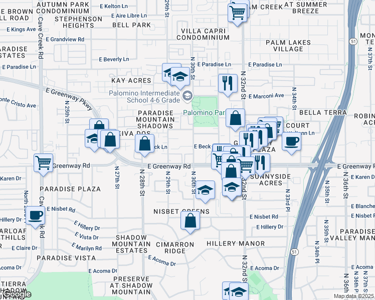 map of restaurants, bars, coffee shops, grocery stores, and more near 2950 East Greenway Road in Phoenix