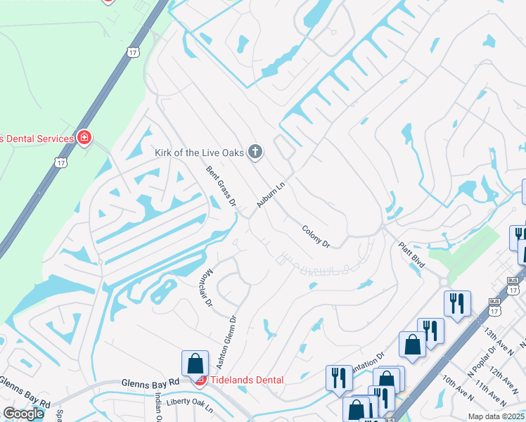 map of restaurants, bars, coffee shops, grocery stores, and more near 1890 Auburn Lane in Surfside Beach