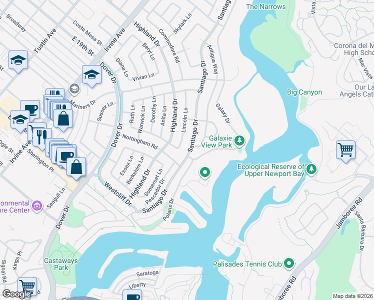 map of restaurants, bars, coffee shops, grocery stores, and more near 1235 Santiago Drive in Newport Beach