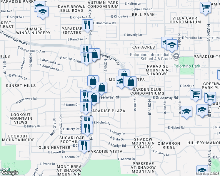 map of restaurants, bars, coffee shops, grocery stores, and more near 2534 East Greenway Road in Phoenix