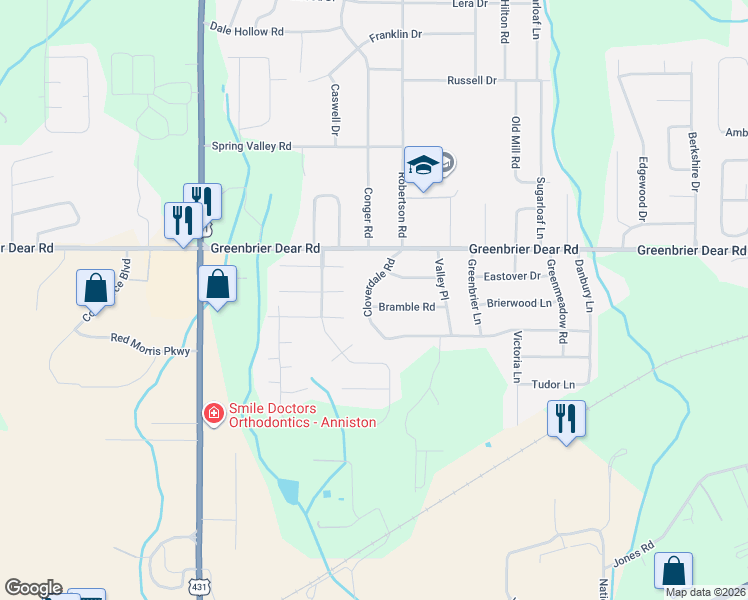 map of restaurants, bars, coffee shops, grocery stores, and more near 1520 Cloverdale Road in Anniston