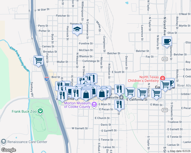 map of restaurants, bars, coffee shops, grocery stores, and more near 331 North Rusk Street in Gainesville