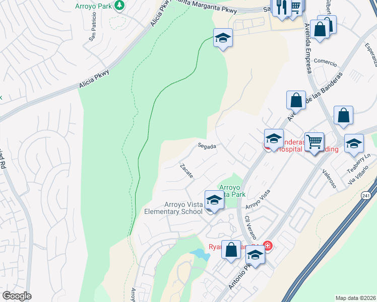 map of restaurants, bars, coffee shops, grocery stores, and more near 33 Segada in Rancho Santa Margarita