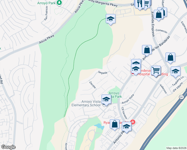 map of restaurants, bars, coffee shops, grocery stores, and more near 33 Segada in Rancho Santa Margarita