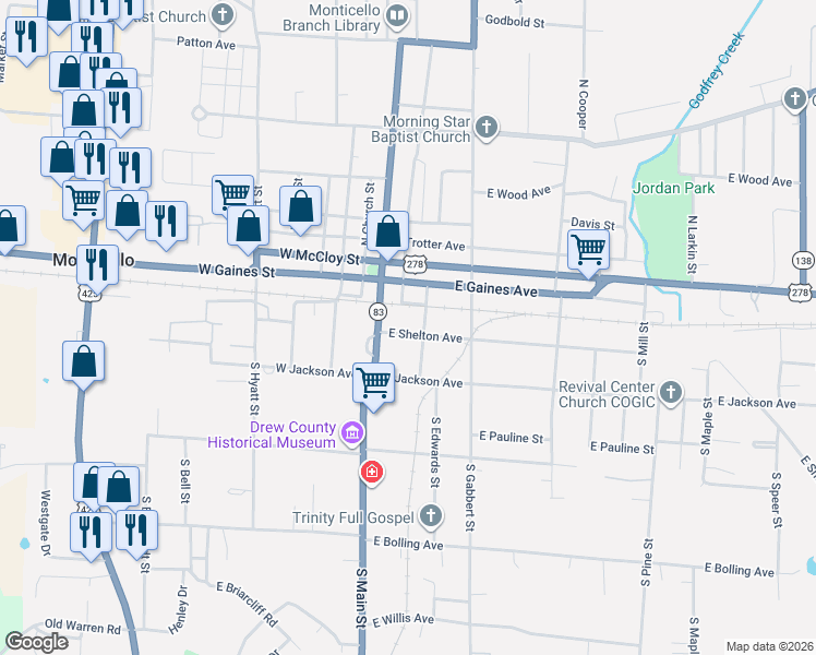 map of restaurants, bars, coffee shops, grocery stores, and more near 138 East Shelton Avenue in Monticello