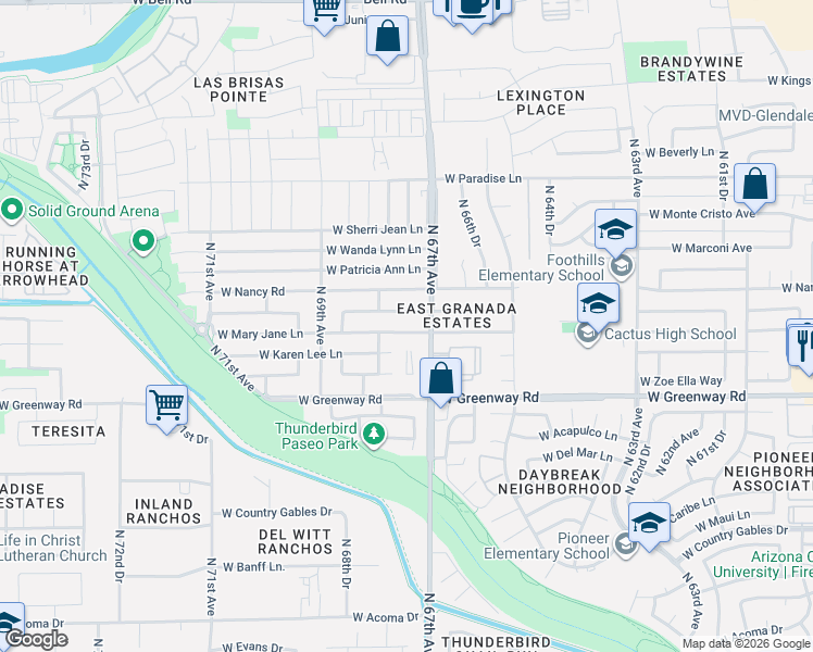 map of restaurants, bars, coffee shops, grocery stores, and more near 6709 West Mary Jane Lane in Glendale