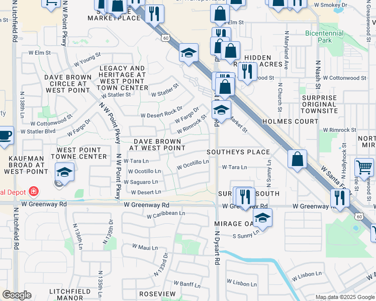 map of restaurants, bars, coffee shops, grocery stores, and more near 13214 West Tara Lane in Surprise