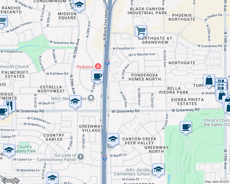 map of restaurants, bars, coffee shops, grocery stores, and more near 15620 North 25th Avenue in Phoenix
