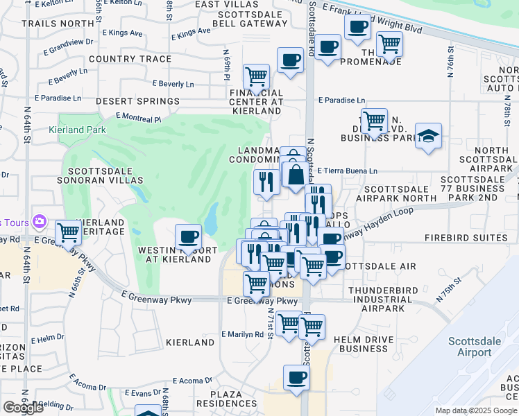 map of restaurants, bars, coffee shops, grocery stores, and more near 15608 North 71st Street in Scottsdale