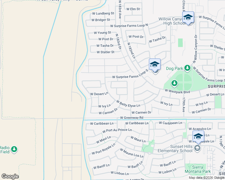map of restaurants, bars, coffee shops, grocery stores, and more near 18335 West Saguaro Lane in Surprise