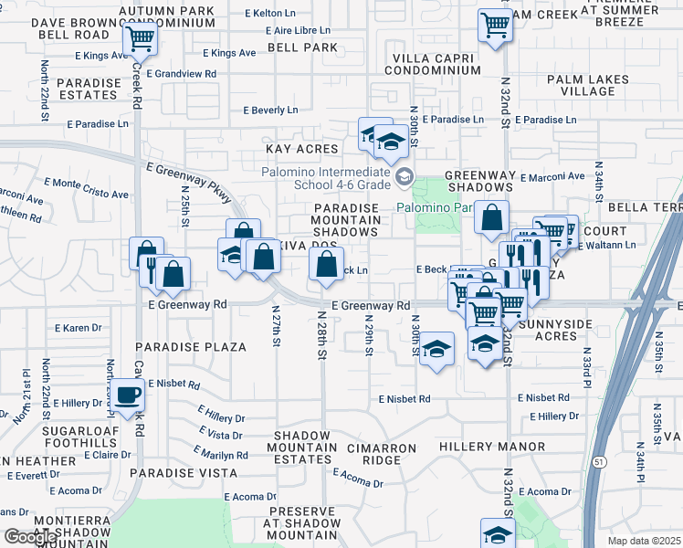 map of restaurants, bars, coffee shops, grocery stores, and more near 2822 East Greenway Road in Phoenix