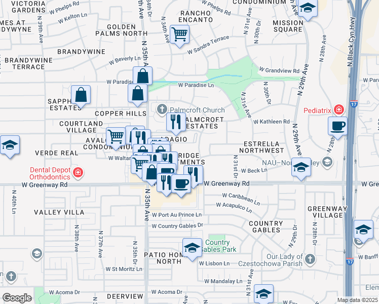 map of restaurants, bars, coffee shops, grocery stores, and more near 3330 West Greenway Road in Phoenix
