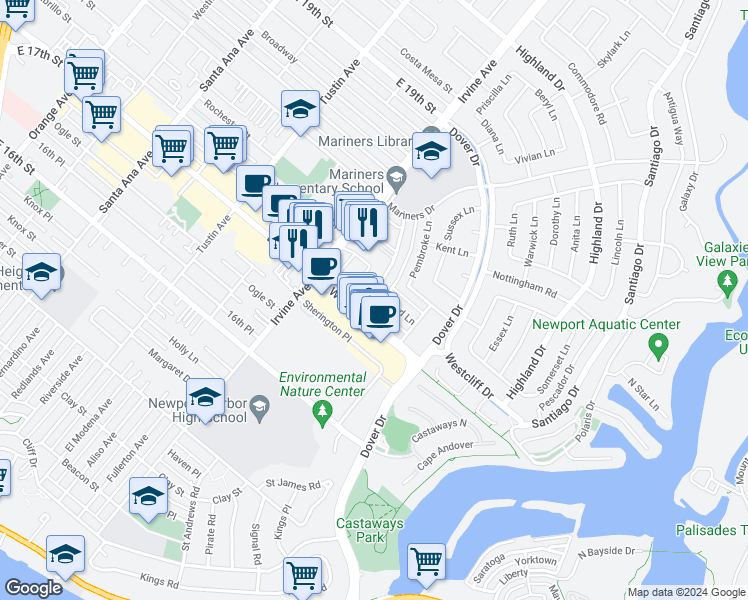 map of restaurants, bars, coffee shops, grocery stores, and more near 1800 Westcliff Drive in Newport Beach