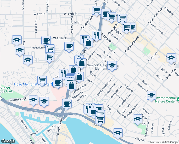 map of restaurants, bars, coffee shops, grocery stores, and more near 478 Westminster Avenue in Newport Beach
