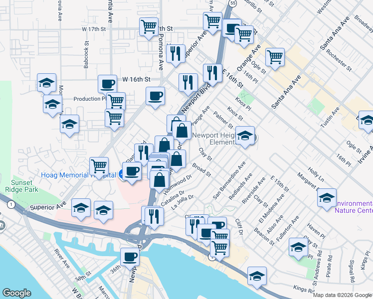 map of restaurants, bars, coffee shops, grocery stores, and more near 3207 Broad Street in Newport Beach